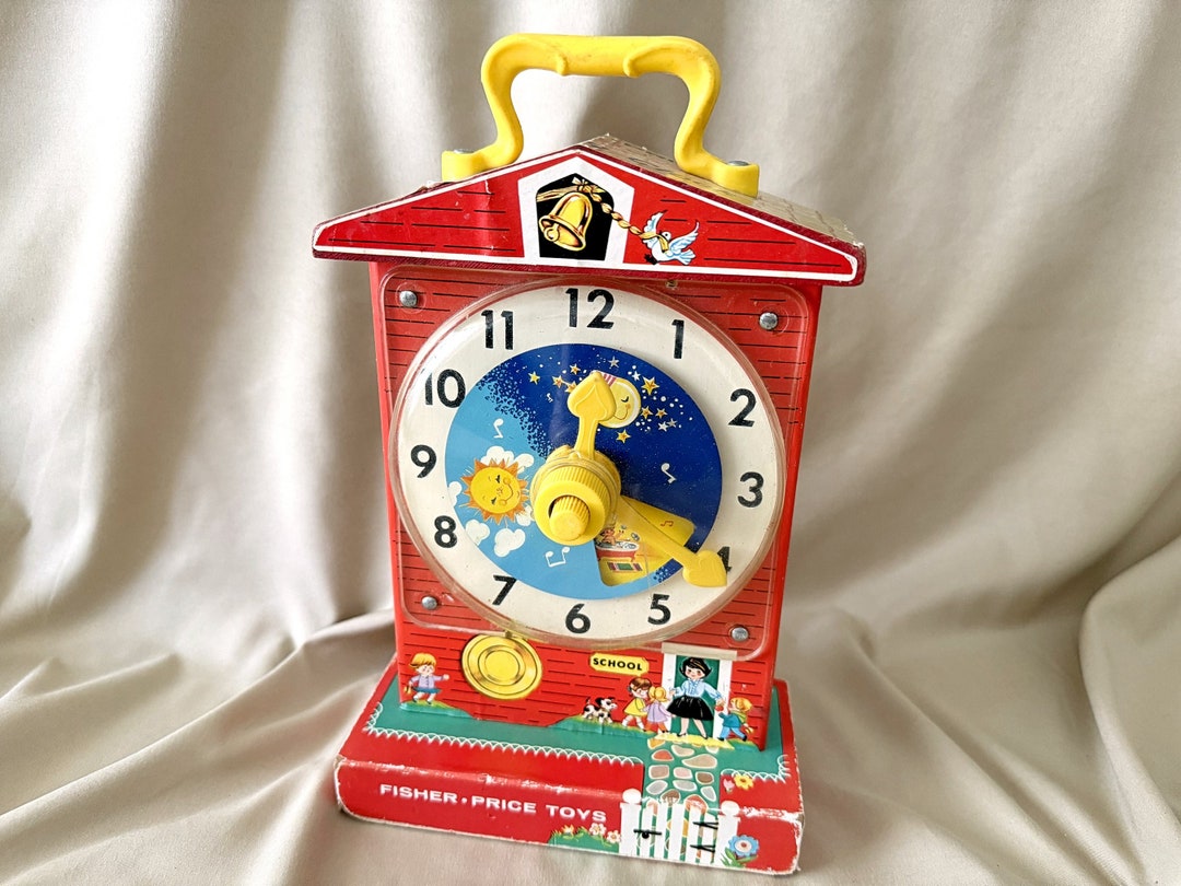 60s Fisherprice Music Box Teaching Clock Tick Tocks & Moves 998 WORKS
