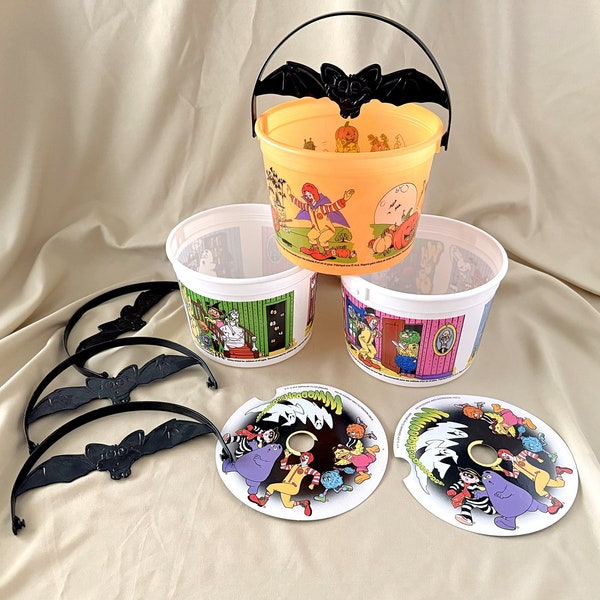 2001 McDonald’s Halloween Buckets with Lids, Bat Handles-Happy Meal Trick or Treat Pails Grimace Ronald
