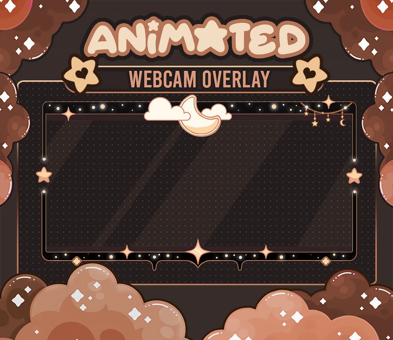 May include: Animated webcam overlay with a brown and gold frame. The frame is decorated with clouds, stars, and a crescent moon. The text "ANIMATED WEBCAM OVERLAY" is displayed at the top of the frame.