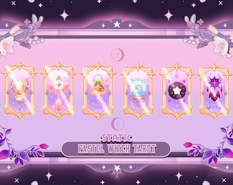 May include: Six pastel-coloured tarot cards with gold frames and a glittery effect. The cards are set against a purple background with stars and flowers. The text "STATIC PASTEL WITCH TAROT" is at the bottom of the image.