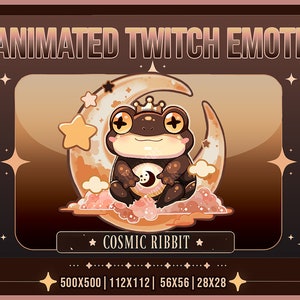Peut inclure: Émoticône Twitch animé représentant une grenouille brune portant une couronne dorée, assise sur un croissant de lune avec des nuages roses et blancs. La grenouille tient une petite lune avec une étoile dessus. Le texte "COSMIC RIBBIT" est sous la grenouille. L'image a un fond brun avec des étoiles dorées.