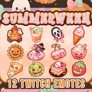 Può includere: Una collezione di 12 emote di Twitch a tema Halloween ed estivo. Le emote includono un falò di zucca, una strega su un salvagente, un ghiacciolo a forma di teschio e una fetta di pizza. Il testo "SUMMERWEEN" e "12 TWITCH EMOTES" sono visualizzati.