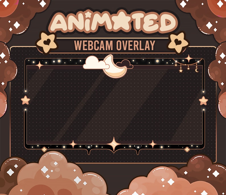 May include: Animated webcam overlay with a brown and gold frame. The frame is decorated with stars, clouds, and a crescent moon. The text "ANIMATED WEBCAM OVERLAY" is at the top of the frame.