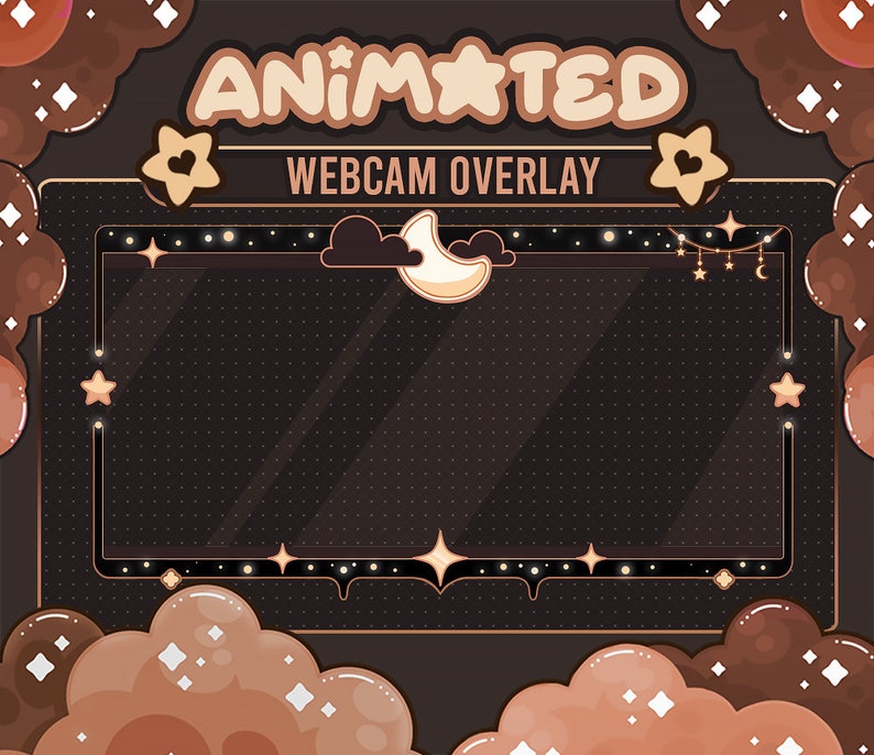 May include: A brown and gold webcam overlay with the text "ANIMATED WEBCAM OVERLAY" and a cartoon moon and stars.