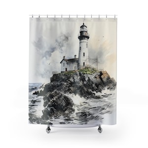 Lighthouse Shower Curtains, Nautical Bathroom Decor, Coastal Theme Shower Curtain, Ocean View Bath Curtain, Beach House Decoration, Seaside