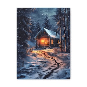 Snowy Cabin Canvas, Winter Lodge Wall Art, Cozy Cabin Decor, Rustic Snowscape Print, Mountain Retreat Painting, Christmas Holiday Gift