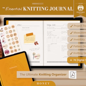 以下が含まれることがあります： 黄色の表紙に茶色の文字で「The Essential Knitting Journal」と書かれた、デジタル印刷可能な編み物ジャーナル。プロジェクトの追跡、測定、在庫、パターン作成、編み物用方眼紙、デジタルステッカー74個が含まれています。