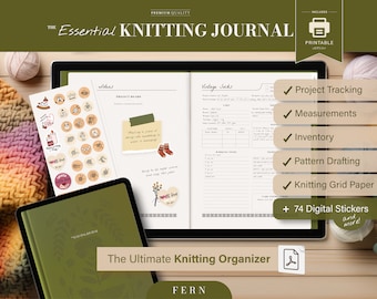 Puede incluir: Un diario de tejido digital imprimible con una portada verde y el texto "The Essential Knitting Journal" en blanco. El diario incluye seguimiento de proyectos, medidas, inventario, diseño de patrones, papel cuadriculado para tejer y 74 pegatinas digitales.
