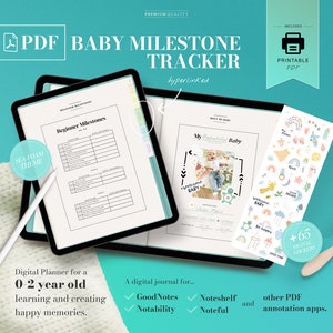 May include: A digital printable PDF baby milestone tracker with a seafoam green theme. The tracker includes a section for beginner milestones, a page for recording baby's first year, and a page for photos and memories. The tracker is hyperlinked and includes 65 digital stickers.