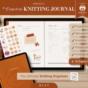 May include: A digital printable knitting journal with a brown cover and the text "The Essential Knitting Journal" in white. The journal includes project tracking, measurements, inventory, pattern drafting, knitting grid paper, and 74 digital stickers.