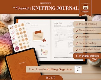 Puede incluir: Un diario de tejido digital imprimible con una portada marrón y el texto "The Essential Knitting Journal" en blanco. El diario incluye seguimiento de proyectos, medidas, inventario, diseño de patrones, papel cuadriculado para tejer y 74 pegatinas digitales.