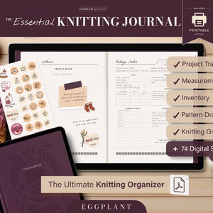 Könnte beinhalten: Ein digitales Strickjournal mit dem Text "The Essential Knitting Journal" und "The Ultimate Knitting Organizer". Das Journal enthält Projektverfolgung, Messungen, Inventar, Musterentwurf und Strickpapier. Es enthält auch 74 digitale Aufkleber.