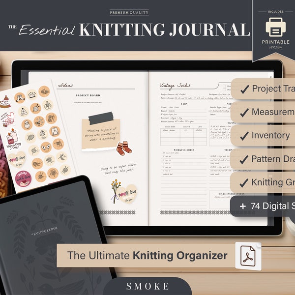 Das wesentliche Strickjournal | PDF Digitaler Planer für Strickprojekte, Messungen, Muster, Bestandsaufnahme und Stricken mit Millimeterpapier