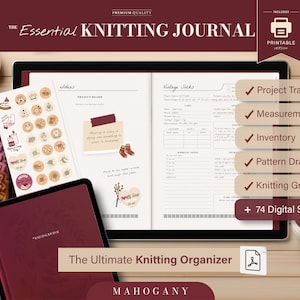 Può includere: Un planner digitale per progetti di maglia con una copertina color borgogna e il testo "The Essential Knitting Journal" in bianco. Il planner include il tracciamento dei progetti, le misure, l'inventario, la creazione di schemi, la carta a quadretti per la maglia e 74 adesivi digitali.