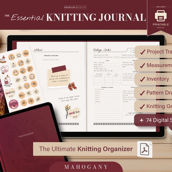 Das wesentliche Strickjournal | PDF Digitaler Planer für Strickprojekte, Messungen, Muster, Bestandsaufnahme und Stricken mit Millimeterpapier