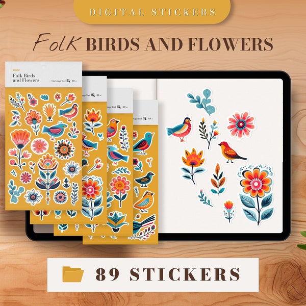 Folk Birds and Flowers Digital Stickers Set | GoodNotes Stickers, PNG, Pre-cropped | Scandinavian, Colorful, Folk, Bird, Flower, Botanical