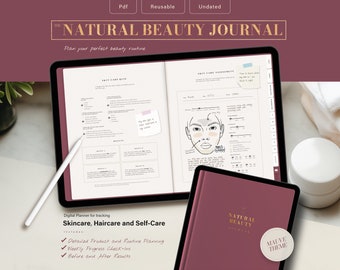 May include: A digital planner with a mauve cover and gold lettering that says "The Natural Beauty Journal". The planner is open to a page with a skin care assessment chart and a section for tracking skin care routines. The planner is on a white surface with a white jar and a white towel.