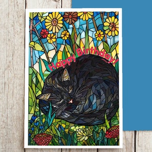 Carte d'anniversaire en vitrail chat noir - Belles voeux d'art pour célébrer les amis ou la famille