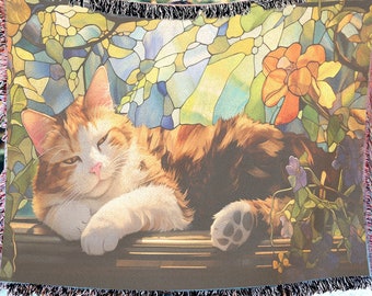 Couverture tissée chat calicot en vitrail - Disponible en trois tailles