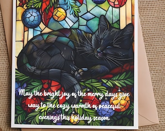 Black Cat Stained Glass Christmas Card - Available alone or in 6 or 12 packs with Beautiful Holiday Folder package *Custom internal message
