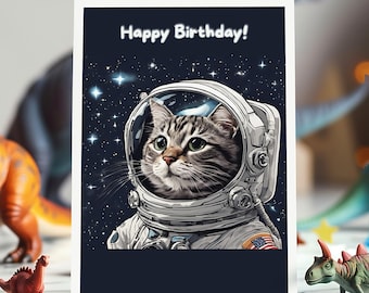 Funny Kids Birthday Card with Space Cat - Unique greeting for your friends and family, Customize to any age birthday