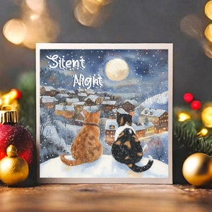 Tarjeta navideña con acuarela de gatos calicó: Noche de paz. Disponible sola o en paquetes múltiples. Opciones personalizadas en blanco.