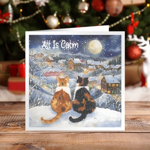 Carte de Noël aquarelle chats calicot - Tout est calme - Disponible seule ou en emballages de multiple - Options personnalisées, vierges