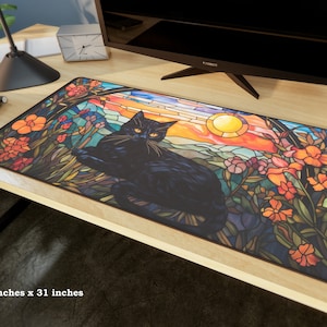 Stained Glass Black Cat at Sunset Desk Mat Mouse Pad for Gaming or Work, Available in Three Sizes