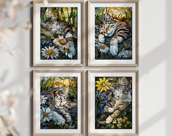 Stained Glass Grey Cat Art - Set of 2, 3, or 4 prints in 4 different sizes - Great Gift for Cat lovers - *Frames Not Included