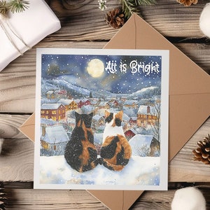 Carte de Noël aquarelle chats calicot - Tout est lumineux - Disponible seule ou en emballages de multiple - Options personnalisées, vierges