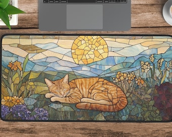 Orange Stripey Cat Glasmalerei-Schreibtischmatte - Mauspad zum Spielen oder Arbeiten, erhältlich in drei Größen, perfektes Geschenk für Katzenliebhaber, Devon Rex