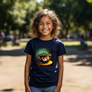 Surrealist Cat in a Fishbowl T Shirt Kids Sizes Perfect for the Kid that loves To see different things Super Soft Youth Short Sleeve Tee