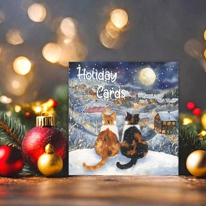 Tarjetas navideñas con acuarela de gatos calicó: juego Noche de paz, los 4 diseños, opciones de mensajes internos personalizados, en blanco o preescritos