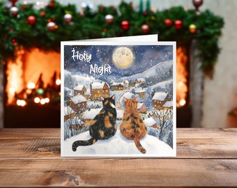 Carte de Noël aquarelle chats calicot - Sainte nuit - Disponible seule ou en emballages de multiple - Options personnalisées, vierges