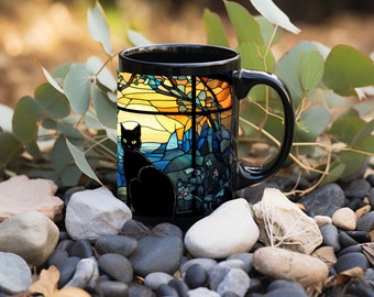 Superbe tasse à café chat noir avec vitrail enveloppant - Art majestueux sur le thème du coucher de soleil, cadeau unique et parfait