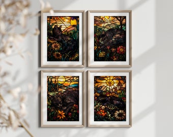 Stained Glass Black Cat Art - Set of 2, 3, or 4 prints in 4 different sizes - Great Gift for Cat lovers - *Frames Not Included