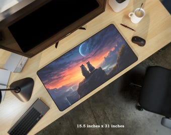 Cat Sunset Desk Mat, Fantastical World Mouse Pad, Gaming or Work