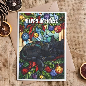 Happy Holidays-kaart met gebrandschilderd glas Black Cat - Alleen verkrijgbaar of in een verpakking van 12 met een prachtig vakantiemappenpakket *Aangepast intern bericht