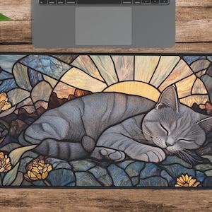 Alfombrilla de escritorio con diseño de gato y vitrales: gatito gris a rayas, alfombrilla para ratón para juegos