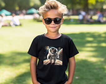 Niedliches Katze im Weltraum-T-Shirt für Kindergrößen Mit einem Katzen-Astronauten, der einen neuen Planeten erkundet. Superweiches Jugend-Kurzarm-T-Shirt
