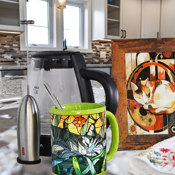 Green Stained Glass Cat Mug - Enjoy your Cappuccino, Coffee or Tea in Style in our 11oz Cup