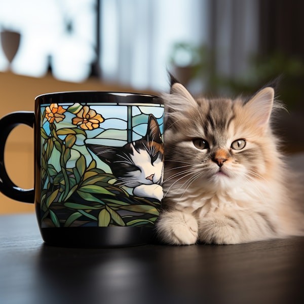 Gorgeous Grey and White Cat Coffee Mug with Wraparound Stained Glass Design - Beautiful Garden themed art, unique and perfect gift