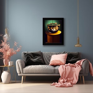 Surrealist Cat Wall Art &quot;Cat in a Fishbowl&quot; Framed Vertical Poster Beautiful Art Surrealist style art, Christmas Gift, Cat Art