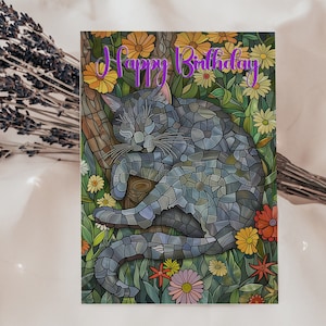 Carte d'anniversaire en vitrail chat gris - Belles voeux d'art pour célébrer les amis ou la famille