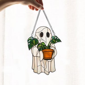 ACRYLIC Cute Ghost Plant Suncatcher, Ghost and Monstera Acrylic Ornament, Halloween Ghost Window Hangings, Plant Lovers Gift, Gift For Mom