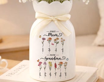 Personalized First Mom Now Grandma Gift, Custom Birth Month Flower Vase with Grandkids Name, Grandmas Garden, Grandma Gift, Mothers Day Gift
