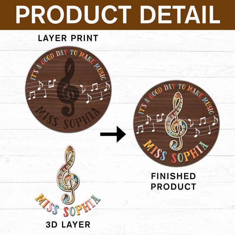 May include: A layered wooden round sign with the text "It's a good day to make music" and the name "Miss Sophia" in a colorful font. The sign is decorated with a treble clef and musical notes. The sign is shown in two stages: the first stage shows the individual layers of the sign, and the second stage shows the finished product.