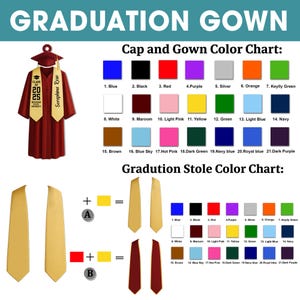 May include: Graduation gown and stole color chart with a red gown and gold stole. The chart shows different colors for caps, gowns, and stoles. The text on the chart includes "Class of 2025" and "Seraphina Rose".