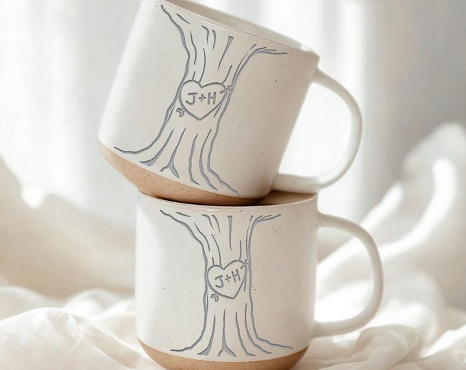 Personalised Engraved Couple Pottery Mug, Wedding Gift, Custom Carved Initials In A Heart Tree Couple Mug, Engagement Gifts, Newlywed Gift