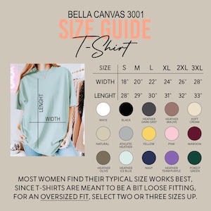 以下が含まれることがあります： Bella Canvas 3001 Tシャツのサイズガイド。幅と長さをインチで表示し、サイズSから3XLまで。カラーサンプルには、白、黒、ヘザーグレーなどがあります。オーバーサイズフィットの場合は、2〜3サイズ上を選択することをお勧めします。